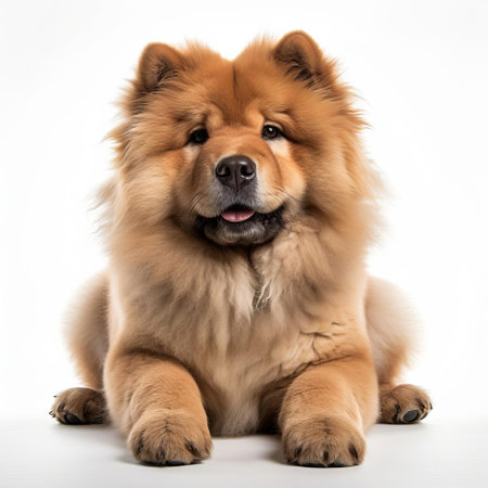 the chow chow, a majestic and fluffy dog breed, poses regally against a pristine white background, showcasing its thick double coat and adorable teddy bear-like features, highlighting its gentle and loyal nature as a beloved family pet and companion animal. ai generatedの素材