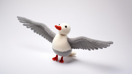the albatross toy, crafted from soft knitted yarn, sits serenely against a pristine white background, its delicate features and gentle expression evoking a sense of innocence and charm, perfect for nursery decor or as a cuddly gift for a little one, showcasing handmade craftsmanship and textile artistry. ai generatedの素材