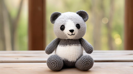 the adorable knitted panda bear toy sits serenely against a pristine white background, showcasing its soft and cuddly texture, perfect for snuggling and playtime, making it an ideal gift for kids and panda lovers alike, evoking feelings of warmth and comfort. ai generatedの素材
