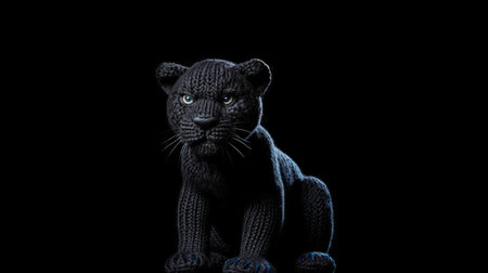 the knitted panther toy sits proudly on a pristine white background, its soft and cuddly texture inviting all to snuggle up with this adorable handmade creation, perfect for kids and adults alike as a decorative piece or comforting companion in any nursery or living room. ai generatedの素材