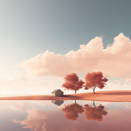 mountain peaks rise majestically in the background of this serene landscape, surrounded by lush green forests and a tranquil lake that reflects the beauty of nature, evoking a sense of calmness and peace, perfect for a minimalist decor or a relaxing atmosphere. ai generatedの素材