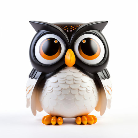 the owl, a mesmerizing vinyl toy, perches majestically against a pristine white background, showcasing its intricate design and vibrant colors, perfect for collectors and enthusiasts of unique figurines and artistic decorations. ai generatedの素材