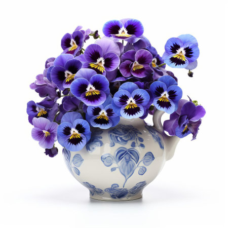 this elegant luxury vase showcases a stunning pansy flower isolated on a crisp white background, highlighting its delicate petals and vibrant colors, perfect for adding a touch of sophistication and beauty to any home decor or floral arrangement. ai generatedの素材