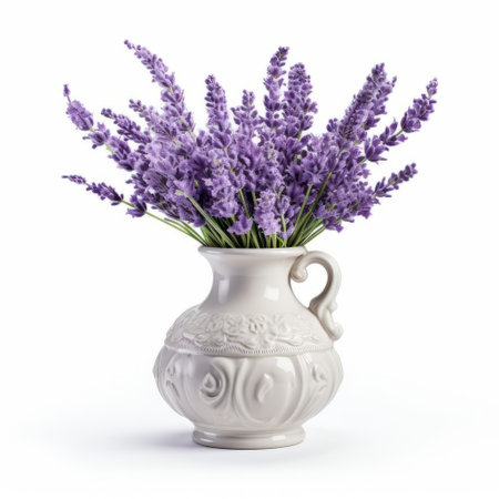 the luxury vase, adorned with elegant curves and sophisticated design, stands out against a pristine white background, showcasing its refined beauty, while the soft, calming hue of lavender adds a touch of serenity, perfect for interior design inspiration and home decor ideas. ai generatedの素材