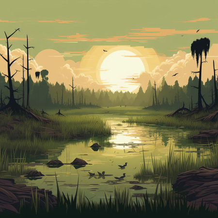 the prairie swamp, depicted in vibrant pixel art, showcases a serene and mystical atmosphere, with twisted cypress trees, murky waters, and lush greenery, evoking a sense of adventure and exploration in the heart of the american wilderness, perfect for nature lovers and pixel enthusiasts alike. ai generatedの素材