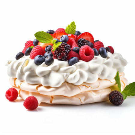 pavlova, a decadent meringue-based dessert, sits elegantly on a pristine white background, showcasing its crispy exterior and soft marshmallow center, topped with an assortment of fresh berries, whipped cream, and a sprinkle of powdered sugar, perfect for a sweet indulgence or special occasion. ai generatedの素材