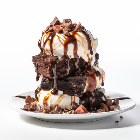 the decadent brownie sundae, loaded with scoops of creamy vanilla ice cream, rich chocolate sauce, and crunchy chopped nuts, sits elegantly on a pristine white background, showcasing its indulgent beauty and tempting viewers to take a bite of this sweet treat, perfect for dessert lovers and chocolate enthusiasts alike. ai generatedの素材