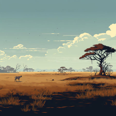 savanna stretches across the prairie landscape in this vibrant pixel art, showcasing a serene atmosphere with rolling hills, scattered acacia trees, and a warm golden light casting long shadows, evoking feelings of tranquility and adventure in the heart of the african wilderness. ai generatedの素材