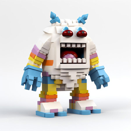 the 3d lego monster stands proudly against a crisp white background, showcasing its vibrant colors and intricate details, perfect for fans of lego creations, 3d art, and fantasy creatures, offering a unique blend of childhood nostalgia and modern digital design. ai generatedの素材