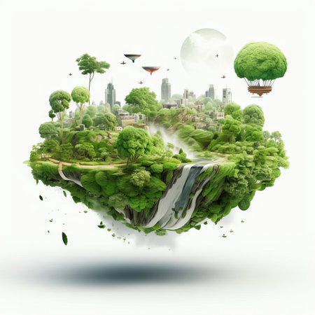 the floating island, a serene and surreal landscape, gently hovers above a pristine white background, evoking a sense of weightlessness and tranquility, perfect for relaxation and meditation, featuring lush greenery and majestic mountains, transporting viewers to a dreamlike state of calmness and wonder. ai generatedの素材