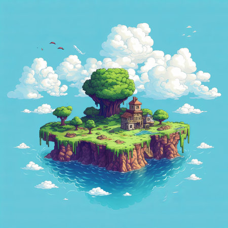islet, surrounded by vast open spaces, stands alone on the rolling hills of the prairie, its lush greenery and vibrant wildflowers a stark contrast to the endless sea of golden grasses, evoking a sense of serenity and tranquility in this pixel art masterpiece, perfect for nature lovers and fans of digital art. ai generatedの素材