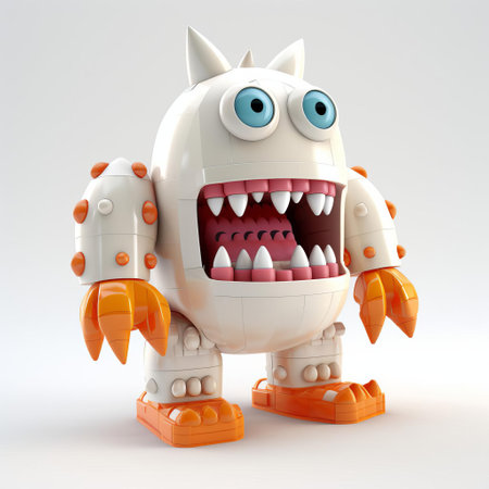 the 3d lego monster stands proudly against a crisp white background, showcasing its vibrant colors and intricate details, its full body pose exuding a sense of playful ferocity, perfect for fans of creative toys, lego art, and imaginative play. ai generatedの素材