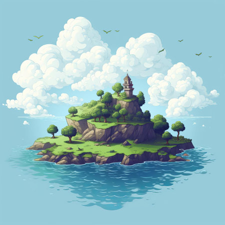 the islet, surrounded by a sea of lush green grass, stands out against the vast prairie landscape, its pixelated trees and rustic terrain evoking a sense of serene isolation, perfect for digital artists and nature enthusiasts alike, who crave a touch of whimsy in their scenic escapes. ai generatedの素材