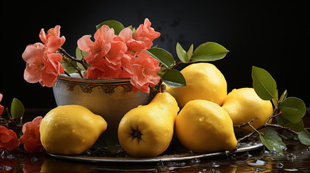 quince, a fragrant and golden-hued fruit, is perfectly arranged on a rustic wooden table, surrounded by lush greenery, showcasing its natural beauty and versatility as a popular ingredient in gourmet cuisine, ideal for food delivery and meal kit services. ai generatedの素材