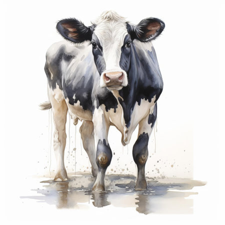 a serene cow stands majestically against a pristine white background in this beautiful watercolour painting, showcasing the artist's mastery of delicate brushstrokes and subtle colour nuances, evoking a sense of rural tranquility and peacefulness, perfect for nature lovers and art enthusiasts alike. ai generatedの素材