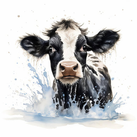 a serene cow stands majestically against a pristine white background in this exquisite watercolour painting, evoking feelings of tranquility and peacefulness, with delicate brushstrokes and soft hues capturing the gentle essence of rural life and farm animals in a beautiful piece of modern art. ai generatedの素材