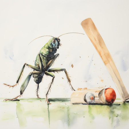 the cricket, delicately painted in watercolour, sits serenely on a pristine white background, its intricate details and vibrant colours popping against the clean canvas, evoking a sense of tranquility and connection to nature, perfect for cricket enthusiasts and art lovers alike. ai generatedの素材