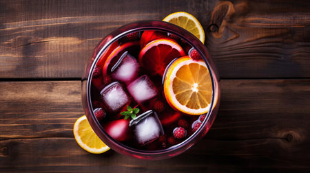 sangria, a refreshing summer drink, is beautifully presented on top of a rustic wooden table, showcasing its vibrant colors and fruity ingredients, perfect for outdoor gatherings, picnics, and warm weather celebrations, evoking feelings of relaxation and joy. ai generatedの素材