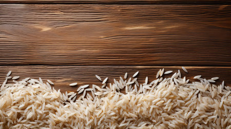 freshly cooked white rice is scattered across a rustic wooden table, creating a warm and inviting atmosphere, perfect for a cozy dinner gathering or a still life photography composition, evoking feelings of comfort and simplicity. ai generatedの素材