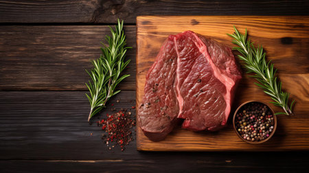 juicy beef slices are arranged artfully on a rustic wood table, showcasing a mouthwatering culinary delight, perfect for a dinner gathering or special occasion, evoking feelings of warmth and comfort, with the natural wood grain adding a touch of earthy elegance to the setting. ai generatedの素材