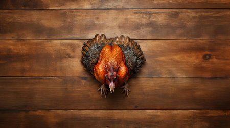 turkey sits majestically on a rustic wood table, its golden brown skin glistening in the light, surrounded by fresh herbs and garnishes, evoking a sense of warmth and comfort, perfect for a festive holiday gathering or special occasion dinner. ai generatedの素材