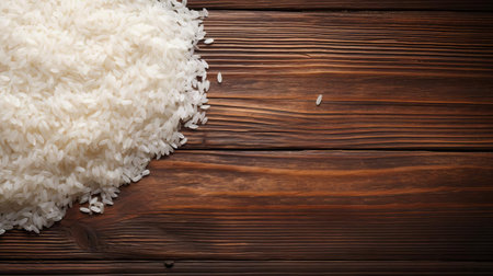 freshly cooked white rice is scattered across a rustic wood table, surrounded by subtle shadows, showcasing a simple yet appetizing still life composition, perfect for food bloggers, culinary enthusiasts, and those who appreciate the beauty of everyday moments. ai generatedの素材