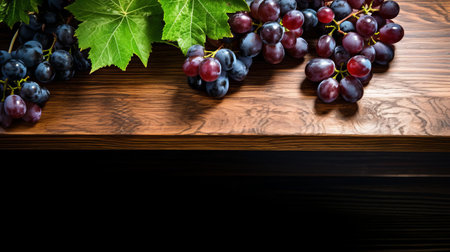grapes are artfully arranged on a rustic wood table, showcasing their vibrant purple hue and plump texture in this stunning top view, perfect for food bloggers, wine enthusiasts, and anyone seeking a still life photography inspiration for their culinary or home decor projects. ai generatedの素材