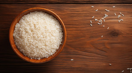 rice grains are scattered across a rustic wood table, showcasing a warm and inviting still life scene, perfect for food bloggers and culinary enthusiasts, evoking feelings of comfort and simplicity, with the natural textures of the wood and rice creating a cozy atmosphere. ai generatedの素材