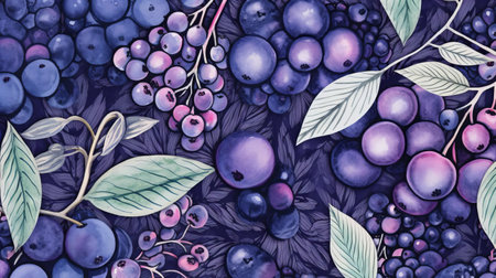 the acai berry, a deep purple fruit, is beautifully illustrated in a vibrant watercolour style, showcasing its intricate pattern and delicate texture, evoking feelings of tropical rainforests and exotic getaways, perfect for health-conscious individuals and nature lovers alike. ai generatedの素材