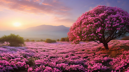 the azalea field, bathed in soft morning light, stretches across the rolling hills of provence, france, its vibrant pink and purple hues contrasting beautifully with the lush green landscape, creating a breathtakingly serene and idyllic scene, perfect for nature lovers and photography enthusiasts alike. ai generatedの素材