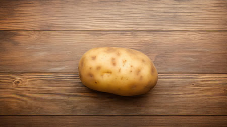 the potato, a starchy and nutritious root vegetable, sits alone on a rustic wood table, its brown skin glistening in the light, surrounded by subtle wood grain patterns, evoking a sense of simplicity and earthy charm in this top view still life photography. ai generatedの素材