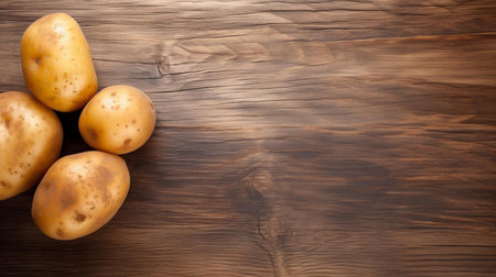 wooden background features a rich, dark wood grain, adding a sense of warmth and depth to the scene, evoking feelings of coziness and comfort, while the rustic and earthy composition showcases natural textures of potatoes and wood, creating a sense of authenticity and organic simplicity. ai generatedの素材