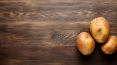 a freshly harvested potato sits alone on a rustic wood table, its earthy brown skin glistening in the light, surrounded by the natural textures of the wooden surface, evoking a sense of simplicity and organic beauty in this still life composition. ai generatedの素材