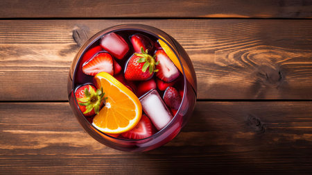 sangria, a refreshing summer drink, is beautifully presented on top of a rustic wooden table, showcasing its vibrant colors and enticing aromas, perfect for outdoor gatherings, picnics, and backyard barbecues on a warm sunny day. ai generatedの素材