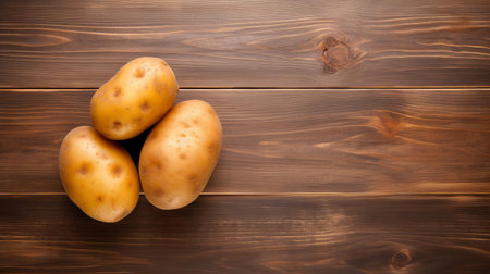 a potato sits alone on a rustic wood table, its earthy tones and organic shape contrasting with the smooth, natural grain of the wooden surface, evoking a sense of simplicity and wholesome nutrition in this still life composition, perfect for food bloggers and healthy eating enthusiasts. ai generatedの素材