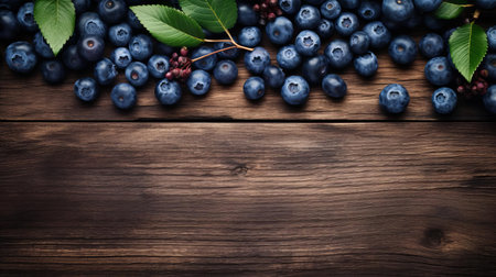fresh blueberries are scattered across a rustic wood table, showcasing their plump, juicy texture and deep purple color in this stunning top view, perfect for adding a pop of natural sweetness to your healthy recipes, smoothie bowls, or summer desserts. ai generatedの素材