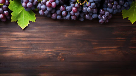 grapes overflow from a rustic wicker basket, scattered across a distressed wood table, surrounded by lush green leaves, evoking a sense of natural abundance and warmth, perfect for a summer fruit platter or wine and cheese gathering, capturing the essence of a cozy outdoor setting. ai generatedの素材