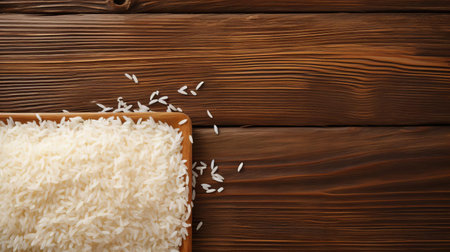 freshly cooked white rice is scattered across a rustic wooden table, surrounded by subtle shadows, evoking a sense of warmth and comfort, perfect for a cozy dinner setting, highlighting the simplicity of asian-inspired cuisine and the beauty of natural textures. ai generatedの素材