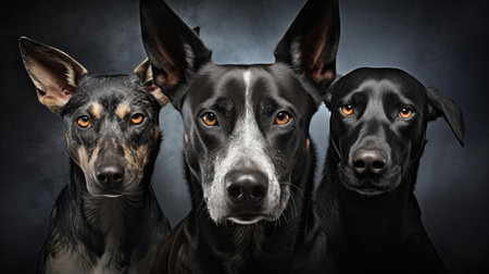 cerberus, the mythological three-headed dog, is majestically captured in this stunning portrait photograph, showcasing its hybrid features, with a blend of fierce and gentle expressions, set against a dark background, highlighting its mysterious and powerful presence in ancient greek mythology. ai generatedの素材