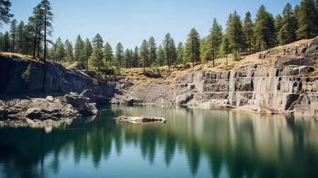 the serene lake quarry, nestled between a cluster of towering pine trees, reflects the surrounding landscape like a mirror, its calm waters a haven for nature lovers and photographers seeking tranquility and breathtaking scenery in the heart of the forest. ai generatedの素材