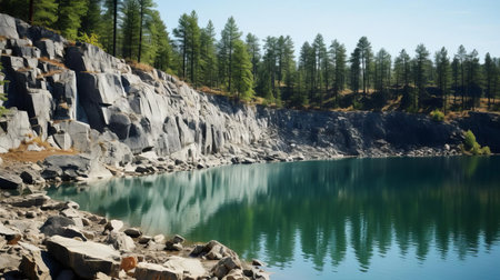 the serene lake quarry, nestled among towering pine trees, reflects the surrounding landscape's tranquility, its calm waters mirroring the lush green foliage, creating a picturesque scene perfect for nature lovers and photography enthusiasts alike, capturing the essence of a peaceful forest retreat. ai generatedの素材