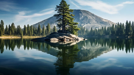 the serene lake butte, nestled between a cluster of towering pine trees, reflects the surrounding landscape's tranquility, its calm waters mirroring the majestic beauty of the forest, creating a picturesque scene perfect for nature lovers and outdoor enthusiasts seeking relaxation. ai generatedの素材