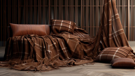 the plaid fabric features a mesmerizing medium brown color palette, intricately woven with earthy tones and subtle textures, evoking a sense of rustic charm and cozy warmth, perfect for autumnal and winter fashion statements, home decor, and accessories. ai generatedの素材
