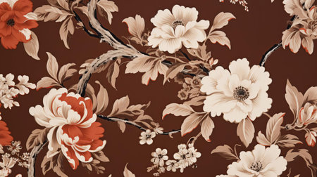 the chintz fabric in medium brown showcases a beautiful, intricate floral pattern on a warm, earthy background, evoking a sense of vintage elegance and sophistication, perfect for upholstery, curtains, or quilting projects, adding a touch of classic charm to any room's decor. ai generatedの素材