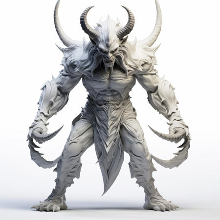 the oni, a mythical creature from japanese folklore, is depicted in stunning 3d detail, showcasing its vibrant red skin and sharp horns, standing proudly in a full-body pose against a crisp white isolated background, perfect for digital art and design projects. ai generatedの素材