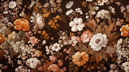 the chintz fabric in medium brown showcases a beautiful, intricate floral pattern on a warm, earthy background, evoking a sense of vintage elegance and sophistication, perfect for upholstery, drapes, or quilting projects that require a touch of classic charm and subtle beauty. ai generatedの素材