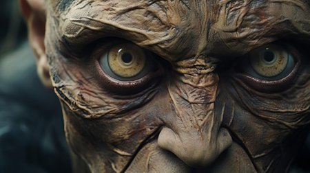 the cyclopes hybrid, a mesmerizing mythical creature, gazes intensely into the lens, its singular eye gleaming with an otherworldly intensity, as its humanoid body and cyclopean features blend in a fascinating display of fantasy and mythology, evoking a sense of wonder and awe in this captivating portrait photograph. ai generatedの素材