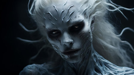 the banshee hybrid, a mythical creature with a mix of feminine and supernatural features, is captured in this stunning portrait photograph, showcasing its piercing eyes, flowing hair, and eerie smile, evoking a sense of mystique and otherworldly beauty in a dark, mystical atmosphere. ai generatedの素材