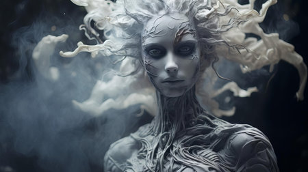 the elemental hybrid, a mystical being with fiery spirit and earthy charm, gazes intensely into the lens, its ethereal features illuminated by soft, golden light, blending fantasy and reality in this captivating portrait photograph, perfect for fans of mythical creatures and magical realism. ai generatedの素材