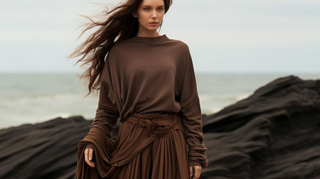 the jersey, made from soft and comfortable medium brown fabric, is a classic wardrobe staple perfect for casual daily wear, featuring a relaxed fit and v-neck design, ideal for pairing with jeans or trousers for a stylish and effortless look. ai generatedの素材